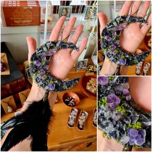 Hand Crafted Crystal Moons: Black Amethyst & Fluorite Moon