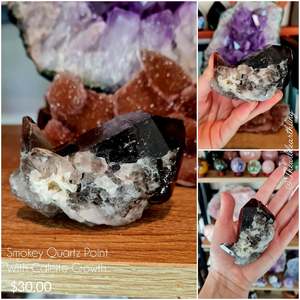 Raw Smokey Quartz Point with Calcite Growth