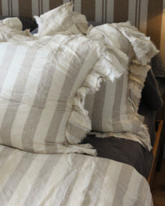 Bedding: LE LIN WIDE NATURAL STRIPE RUFFLE EDGE EURO PILLOW CASES
