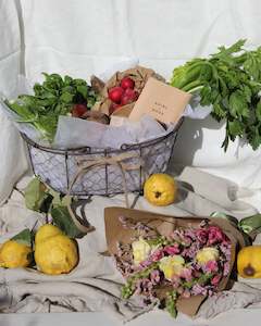 Blooms: LOCAL MARKET PRODUCE AND BLOOMS GIFT BASKET