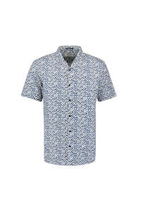 Shirt Short Sleeve Revers Collar Slub Allover Print - Indigo Blue
