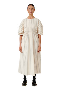 Ellora Dress - Greige Pinstripe
