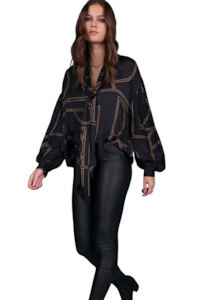Womens Sale: Studio Print Neck Tie Top - Black/Taupe