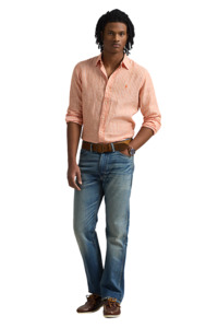 Mens: Custom Fit Striped Linen Shirt - Kona Orange White
