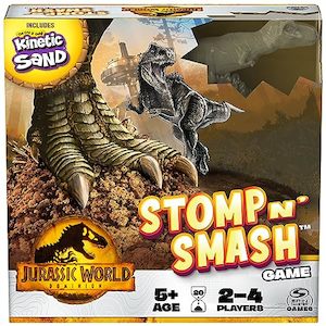 kogan: 151: Jurassic World Dominion, Stomp N Smash Board Game Sensory Dinosaur Toy with Kinetic Sand Jurassic Park Movie Family Game, for Kids Ages 5 up