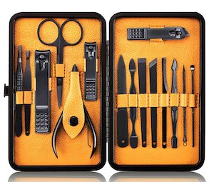 Beauty Health: Keiby Citom Professional Stainless Steel Nail Clipper Travel & Grooming Kit Nail Tools Manicure & Pedicure Set of 15pcs with Luxurious Case (Black/Yellow)