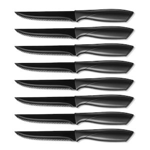 Kitchen 1: Premium Stainless Steel Kitchen Steak Knife Set of 8 (Super Sharp, Serrated, Dishwasher Safe, No Rust, Black)