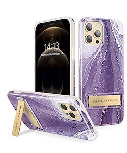 Mobile Accessories: GViewin iPhone 12 Pro Max Case with 3-Way Stand, Marble Slim Glossy Shockproof Protective Hard Cover (Frosted Dew/Purple)