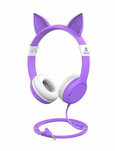 On Ear Headphones: iClever Kids Headphones with Microphone (85/94dB Volume Limiter) - Cat Ear Headset for Children Toddler, Food Grade Silicone, Lightweight, 3.5mm Jack Wired Headphones for iPad/Travel, Purple
