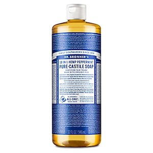 Bath Bathing Accessories: Dr. Bronner's Pure-Castile Liquid Soap Peppermint (32 oz) - Organic Oils, 18 Uses: Face, Body, Hair, Laundry, Pets, Dishes, Concentrated, Vegan, Non-GMO