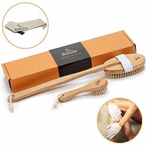 Bath Bathing Accessories: Premium Dry Brushing Set [Boar Bristle Brush, Exfoliating Face Brush, Bath Gloves] with Free Bag & How-To Guide – Glowing Skin & Healthy Body Gift.