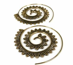 Earrings: Large Vintage Bohemian Hoop Earrings with Tribal Circles, Brass Spiral and Retro Ethnic Indian Design for Women