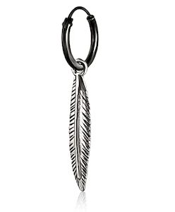 Earrings: Feather Drop Dangle Earrings (Black Hoops) for Men - Gothic Jewelry