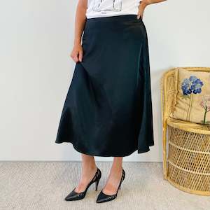 Bottoms: Black Satin Midi Skirt (XL)