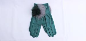 Gloves: Faux Suede Glove With Large Fur Pompom Teal