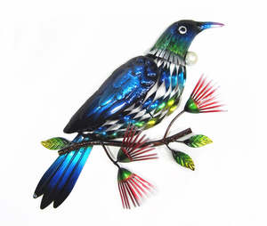 Metal Wall Art: Tui On a Pohutukawa Branch Looking Right