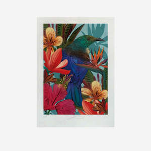 Flox: Print - Perched Tūī & Hibiscus