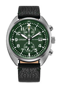 Watches: Mens Citizen Eco Drive Chronograph Watch With Green Dial And Leather Strap CA7041-07X