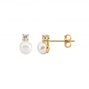 Ladies Ellani Sterling Silver With Yellow Gold Plate Pearl And CZ Earrings E634G