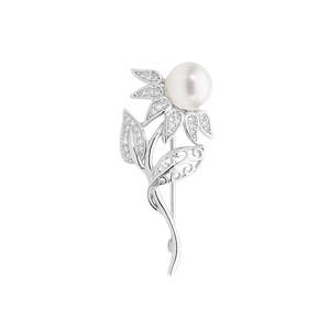 Ellani Pearl and CZ Flower Brooch