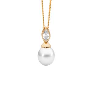 Womens Ellani Sterling Silver Yellow Gold Plate Pearl And Cz Pendant P891G