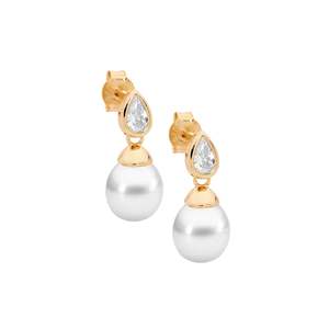 Ellani Freshwater Pearl Earrings With Bezel Set Pear Cubic Zirconia.