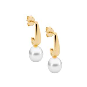 Jewellery Pearls: Ellani Sterling Silver Yellow Gold Plated Pearl Drop Earrings