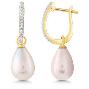 Yellow Gold Diamond & White Pearl Earrings
