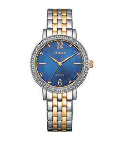Citizen: Ladies Citizen Rose And Silver Ananlogue Watch With Blue, Crystal Set Dial