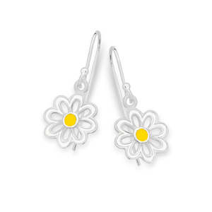 Sterling Silver White And Yellow Enamelled Daisy Drop Earrings