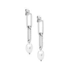 Stainless Steel Paper Clip Link And Freshwater Pearl Earrings