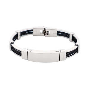 All Jewellery: Polished Stainless Steel Bracelet with Double Strand Braided Black Leather