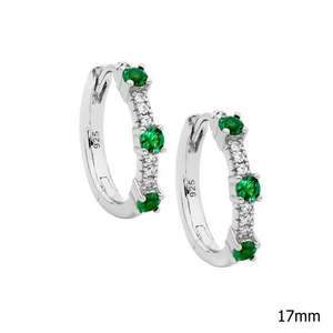 Ellani Sterling Silver Hoops with Green and Clear CZ E641GN