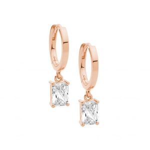 Ellani Sterling Silver Rose Gold Plated Hoops with Cz Drop E644R