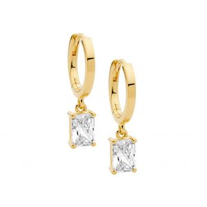 Ellani Sterling Silver Yellow Gold Plate Hoop With Cz Drop Earring E644g