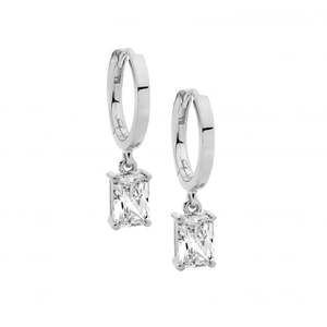 Ellani Sterling Silver Hoops with Cz Drop E644S