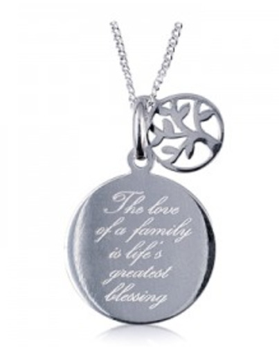Sterling Silver Disc "Family/Love" With Tree Of Life Charm On Chain