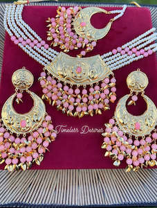 Light or baby pink pipal patti necklace in Punjabi traditional jewellery