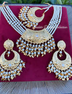 White and Gold Pipal Patti necklace set in Punjabi traditional jewellery