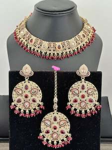 Maroon necklace set with earrings and tikka- J25