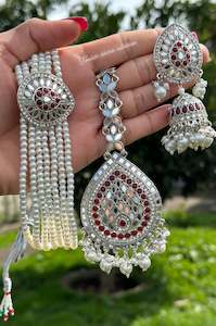 Maroon choker / necklace set in mirror with Jhumka earrings in silver polish