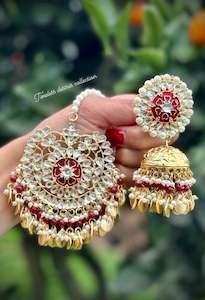 Maroon Colour Jewellery: Maroon colour jhumka earrings and tikka set with pipal Patti in traditional jewellery ( Nimrat style 👌)