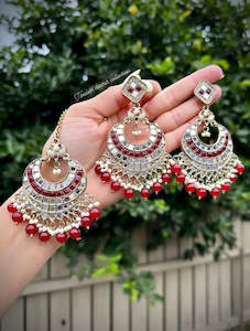 Maroon Colour Jewellery: Maroon Earrings & Tikka set in Mirror