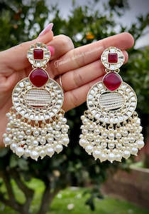 Maroon White Pearl loaded earrings with Kundan