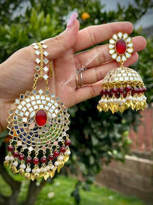 Maroon Jhumka Earrings and Tikka set in Mirror