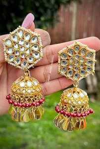 Maroon Colour Jewellery: Maroon Jhumka earrings in Kundan with Pipal Patti