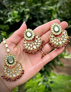 Maroon Colour Jewellery: Maroon Earrings and Tikka set in Kundan