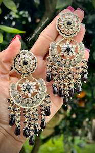 Black Colour Jewellery Options: Black pearl drop earrings in Meenakari Kundan