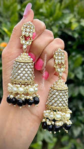 Black Colour Jewellery Options: Black pearl loaded kundan Jhumka earrings