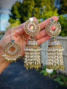 C Mehndi Green Colour Jewellery Options: Mehndi green Pearl Drop Jhumka earrings in mirror